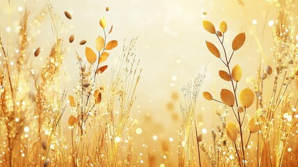 Poster - Golden Autumn Leaves and Wild Grass with Soft Bokeh Effect Radiating Warmth and Serenity in a Nature Scene