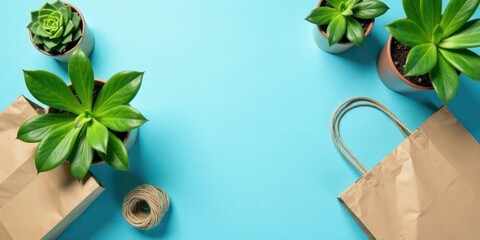 eco-friendly plants and packaging on a vibrant blue background, ideal for promoting sustainable shop