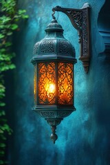 Wall Mural - Ornate Metal Lantern with Warm Glow Illuminates Teal Wall