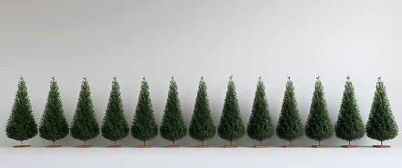 Wall Mural - Cone shaped bushes perfectly aligned on a plain white background