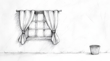 Poster - Abstract Sketch of Window with Drapes and Empty Pot on Floor in Minimalist Style Interior Illustration