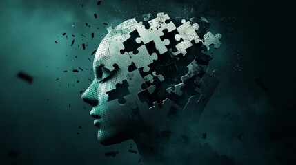 Poster - Conceptual Art of Human Head with Puzzle Pieces Revealing Digital Data and Abstract Patterns