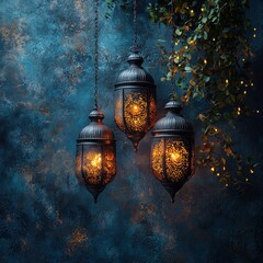 Wall Mural - Ornate Metal Lanterns Illuminating a Dark Blue Background with Glowing Lights and Leafy Vines