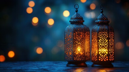 Wall Mural - Ornate Metal Lanterns with Glowing Candles on Dark Wooden Surface