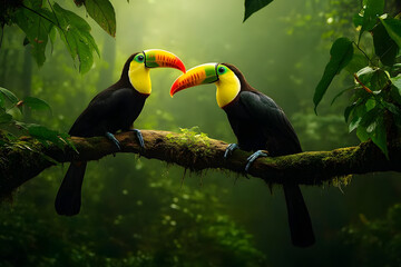 Wall Mural - Toucan sitting on the branch in the forest, green vegetation, Costa Rica. Nature travel in central America. Two Keel-billed Toucan, Ramphastos sulfuratus, pair of bird with big bill. Wildlife.