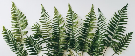 Fern fronds with a soft texture arranged on a plain white background