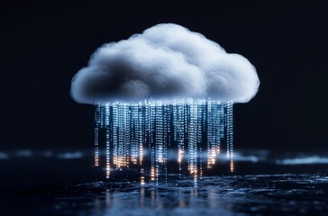 Poster - Digital Cloud with Rain Made of Light and Data Streams in a Dark Futuristic Environment