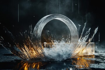 Poster - Dynamic splash of water with illuminated circular shape in dark setting at night