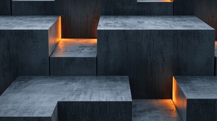 Poster - abstract dark concrete blocks with glowing edges creating a modern architectural design