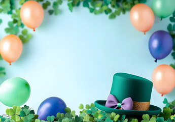 Wall Mural - banner copy space with hat and balloons with clover background