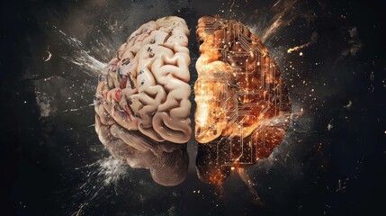 Poster - Conceptual Split Image of Human Brain Merging with Technology and Digital Circuitry Design