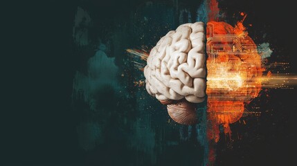 Poster - Human Brain Concept with Technological Elements and Explosive Energy in Abstract Design