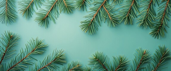 Wall Mural - Pine needles overlapping each other on a plain light teal background