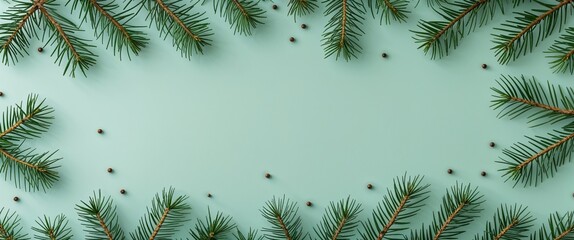 Wall Mural - Pine needles scattered sparsely on a plain light mint background