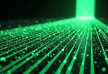 Poster - Modern 3D Wallpaper: Abstract Green Neon Lines, Glowing Particles, Sliding Down, Futuristic Background, Streaming, Dynamic Design, Tech, Sci-Fi, 3D Render, Motion Graphic.
