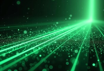 Poster - 3D Abstract Background: Green Neon Lines Sliding Down, Modern Digital Wallpaper, Glowing Particles, Futuristic Art, Dynamic, Tech, Sci-Fi, Streaming Light, Motion, 3D Rendered.
