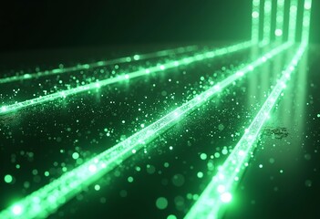 Poster - Abstract Green Neon Lines 3D: Modern Digital Wallpaper, Streaming Glowing Particles, Dynamic Background, Futuristic Design, Sliding Light, Abstract Art, 3D Render, Tech, Sci-Fi, Motion.
