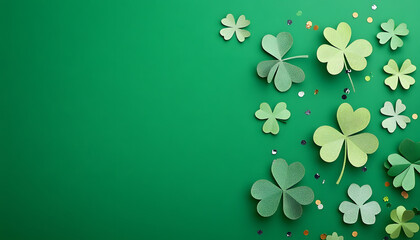 Wall Mural - st patrick s day four leaf clover paper art on green background with confetti top view flat lay