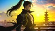 © boler - Anime Samurai Silhouette at Sunset Over Cityscape
