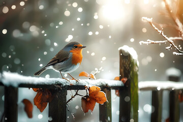 Wall Mural - Winter European Robin on a garden fence