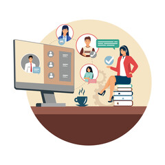 Poster - virtual team meeting concept with online communication and collaboration.
