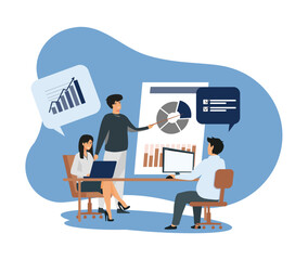 Poster - team analyzing business data during a professional presentation meeting.