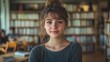 © QuietWord - smiling  young woman at home with many books on shelves