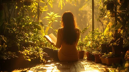Aufkleber - A woman sitting on a balcony surrounded by lush plants, her book glowing softly in the golden morning light