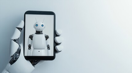 Poster - A robotic hand holding a smartphone displaying a humanoid robot against a minimalist background