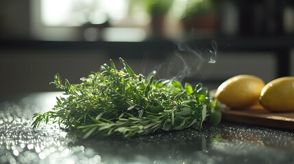 Aufkleber - A close-up of dew drops on fresh herbs placed on a kitchen counter, refracting soft, magical light