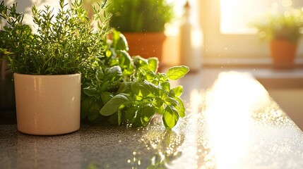Aufkleber - A close-up of dew drops on fresh herbs placed on a kitchen counter, refracting soft, magical light