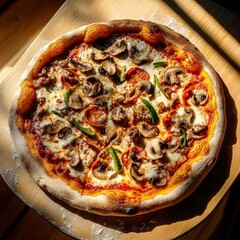 Canvas Print - Delicious pizza with mushrooms peppers on wooden table