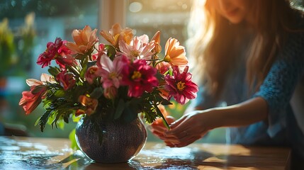Poster - A woman arranging fresh flowers in a vase on a clean wooden table, light catching the water droplets