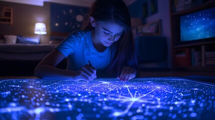 Aufkleber - A girl tracing constellations in a glowing star map, her room dark except for the light of the map