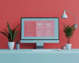 Poster - A modern workspace featuring a stylish monitor, sleek desk, and potted plants against a vibrant coral wall. Ideal for themes of productivity, innovation, and creativity.