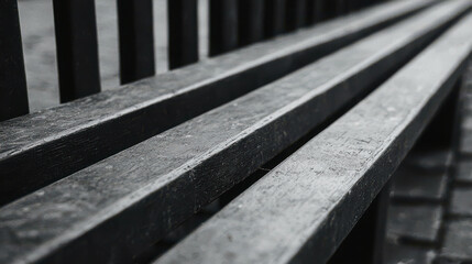 Poster - Detailed Close-Up of a Weathered Wooden Bench in Black and White for Artistic Use