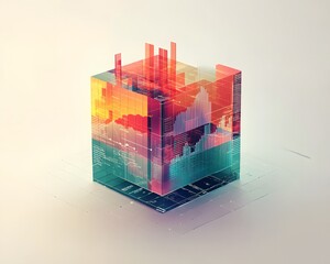 Poster - A vibrant, abstract representation of futuristic data visualization, showcasing a cube filled with colorful graphs, charts, and digital elements. Ideal for tech-related projects.