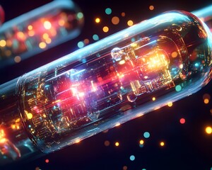 Poster - An abstract representation of innovation, showcasing vibrant glowing tubes filled with colorful lights against a dark backdrop, symbolizing advanced technology and creativity.