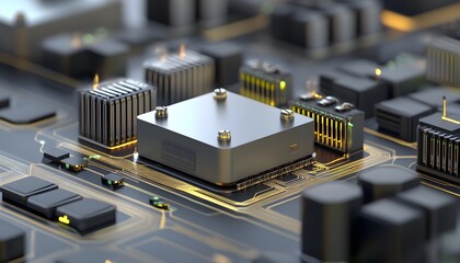 Poster - Close-up of a modern microprocessor on a circuit board, highlighting the intricate design and advanced technology used in contemporary computing devices.