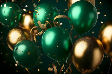 Wall Mural - Background of festive forest green balloons, golden confetti and ribbons. St.Patrick 's Day. Photorealistic drawing generated by AI.