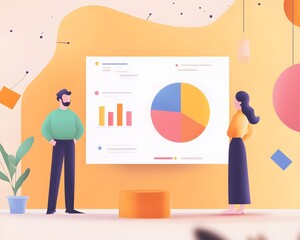 Poster - Modern workspace with professionals analyzing colorful data visualization on board.