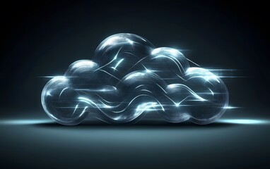 Poster - A futuristic, translucent cloud design radiating with digital energy, symbolizing innovation in data storage and computing in a modern, tech-driven world.