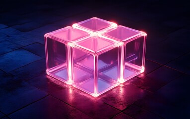 Poster - A futuristic arrangement of glowing transparent cubes in vibrant pink light, set against a dark background, perfect for modern design applications and tech-themed projects.