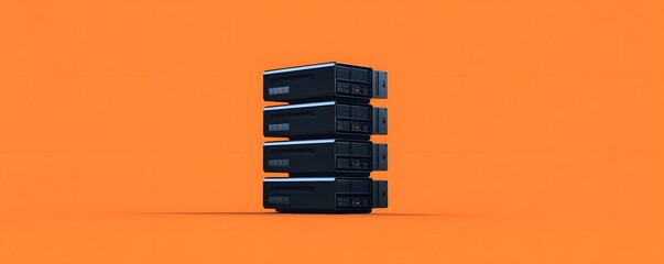 Poster - A modern data server stack on an orange background, symbolizing advanced technology and digital storage solutions. Ideal for tech-related projects and presentations.