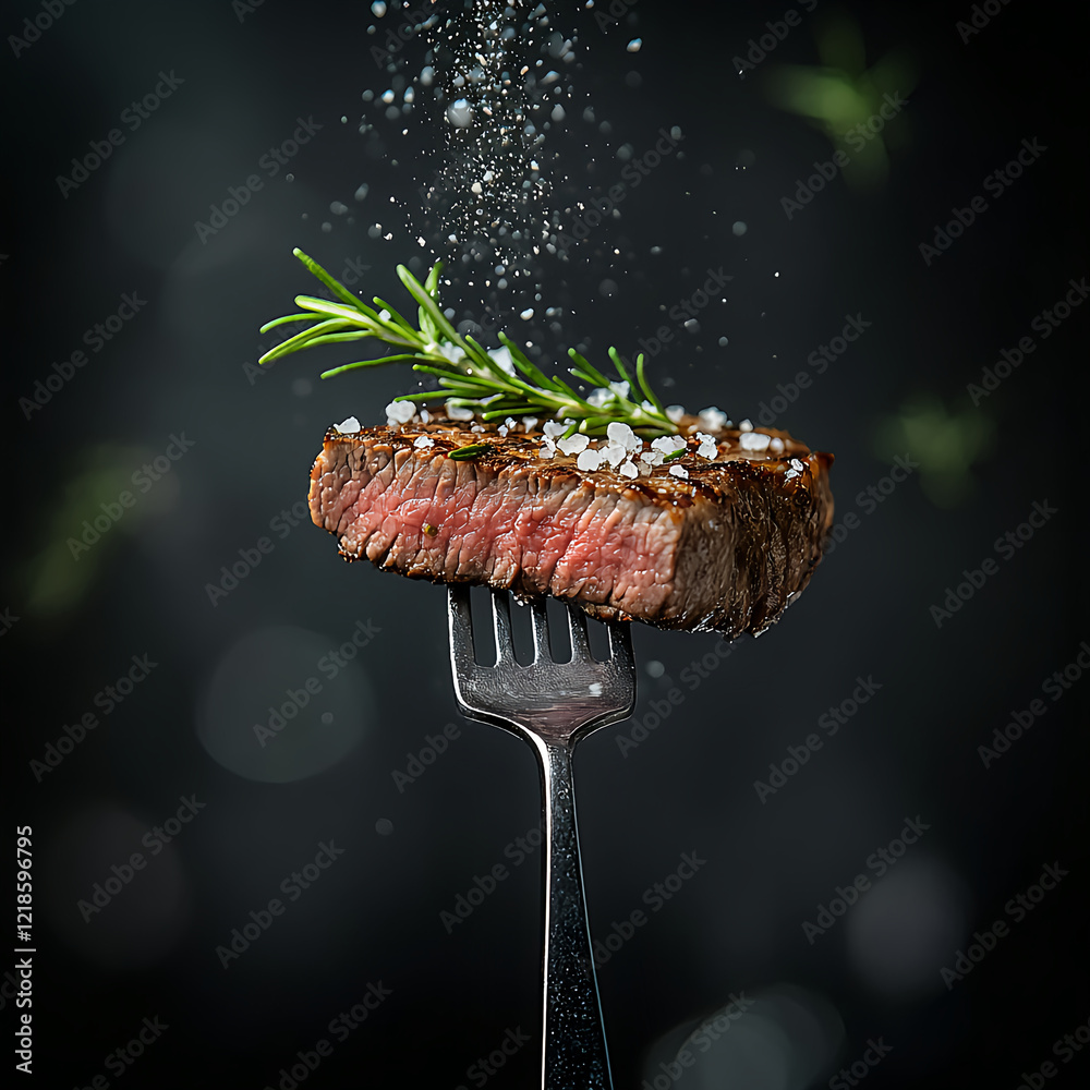 Grilled beef steak on a fork with rosemary and salt powder flying ...