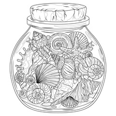 Wall Mural - Sea shells in a jar.Coloring book antistress for children and adults.