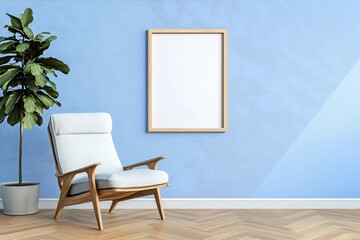 Wall Mural - Modern interior design featuring a cozy chair and empty frame on blue wall