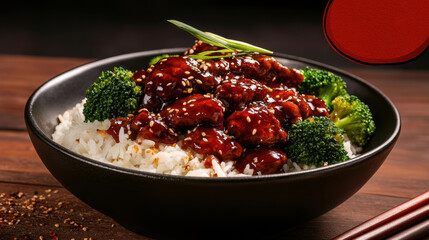 Wall Mural - Teriyaki chicken with rice broccoli in black bowl