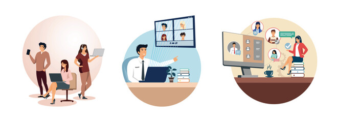 Poster - Young Professionals Collaborating. Online Meeting via Laptop. Online Communication and Collaboration.