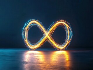 Poster - Dynamic glowing light trails creating infinity symbol black background abstract art modern design sleek viewpoint